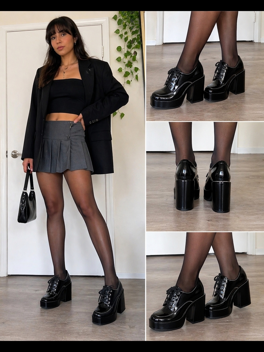 Gianni Bini Black Glossy Platform Oxford Heels Chunky Lace Up Size 8